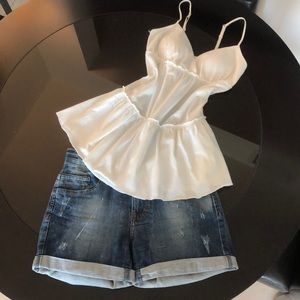 Denim shorts with lovely top.